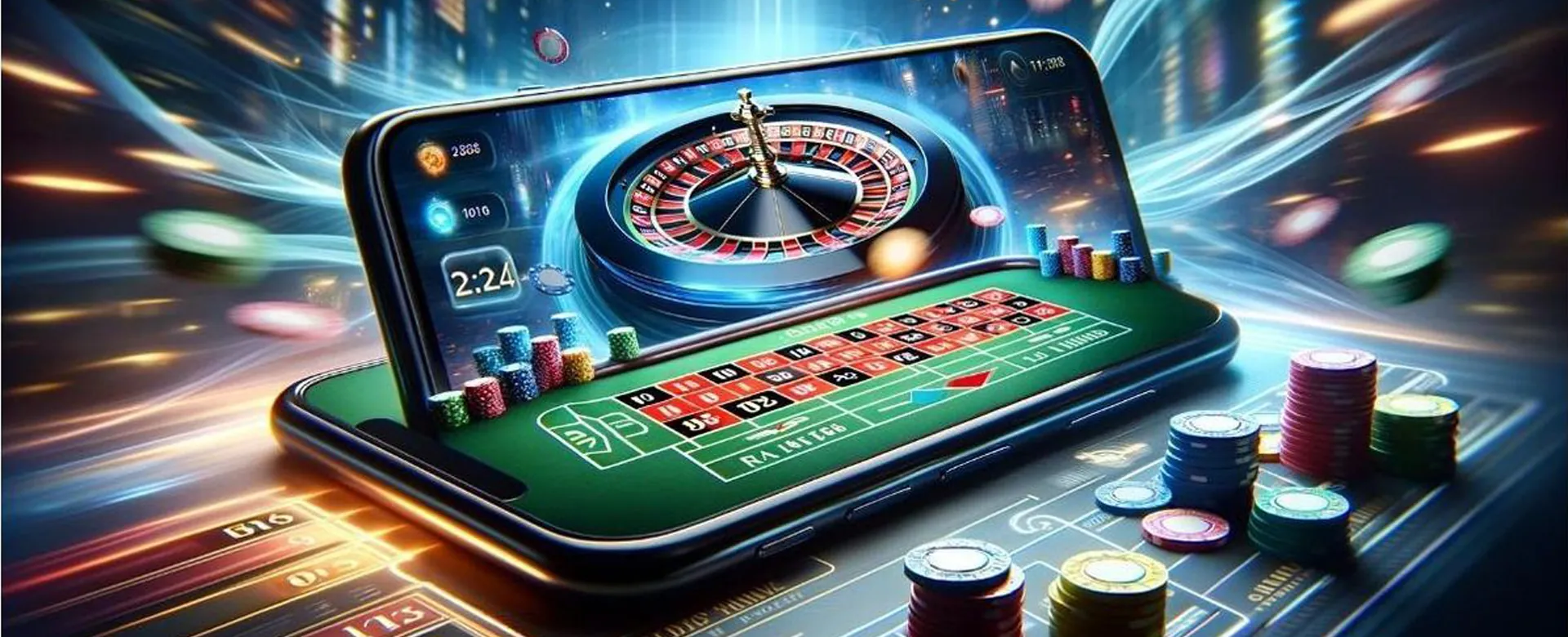 Dynamic background of an online casino featuring neon lights and gaming elements for JL Park Han
